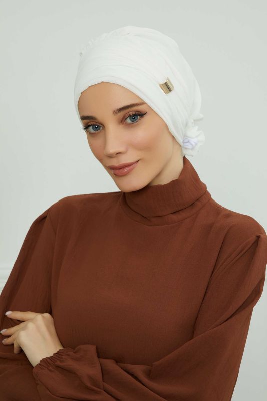 Aksesuarlı Şifon Hazır Türban,HT-95S,HT-95S Krem - 1