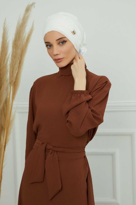 Aksesuarlı Şifon Hazır Türban,HT-95S,HT-95S Krem - 4