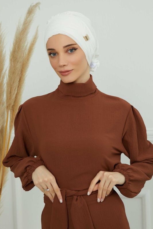 Aksesuarlı Şifon Hazır Türban,HT-95S,HT-95S Krem - 5