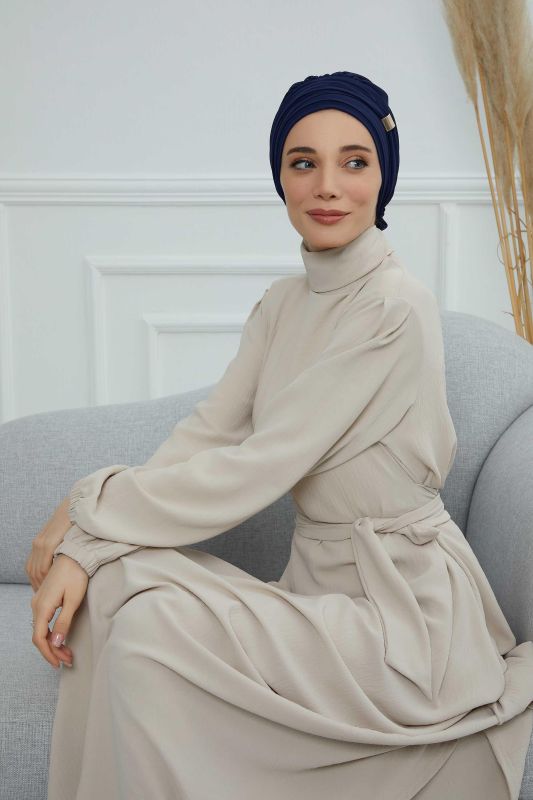 Aksesuarlı Şifon Hazır Türban,HT-95S,HT-95S Lacivert - 5