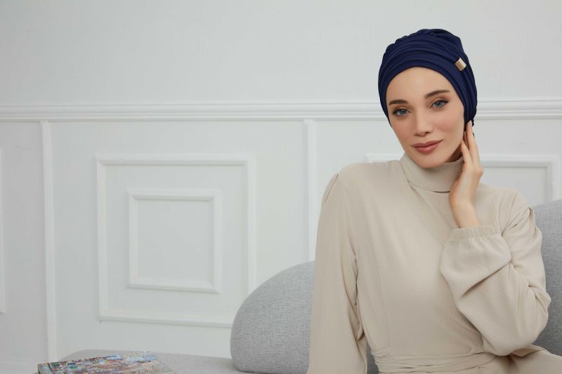 Aksesuarlı Şifon Hazır Türban,HT-95S,HT-95S Lacivert - 6