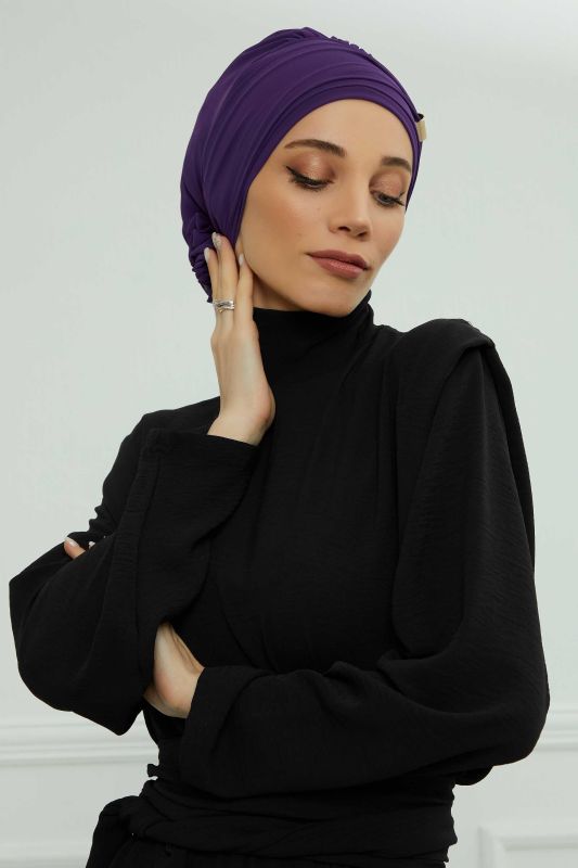 Aksesuarlı Şifon Hazır Türban,HT-95S,HT-95S Mor - 3