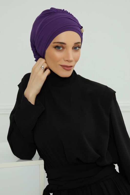 Aksesuarlı Şifon Hazır Türban,HT-95S,HT-95S Mor - 4