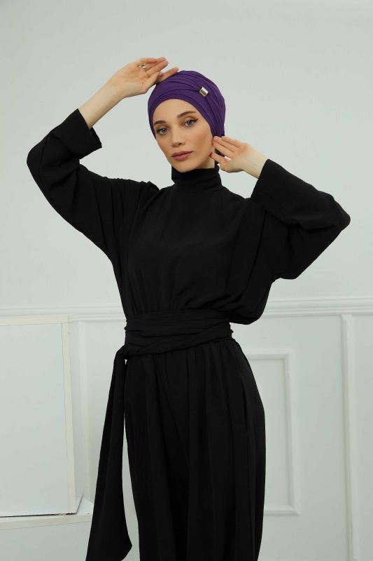 Aksesuarlı Şifon Hazır Türban,HT-95S,HT-95S Mor - 5