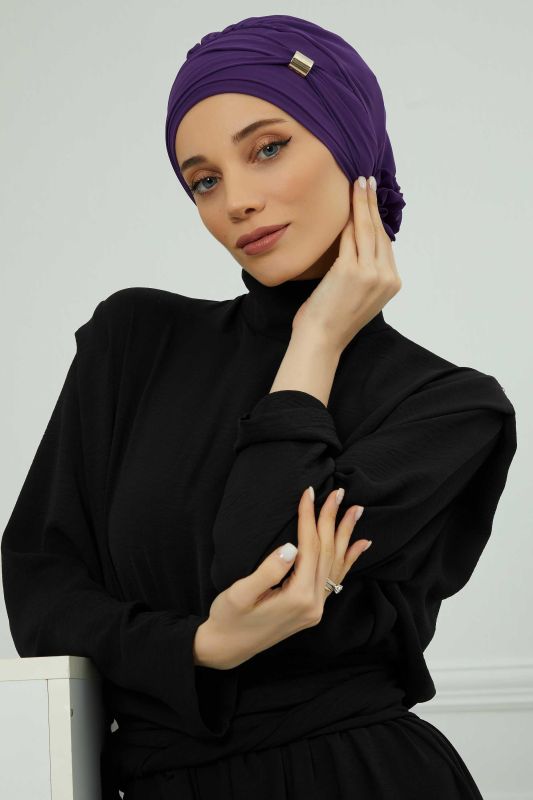 Aksesuarlı Şifon Hazır Türban,HT-95S,HT-95S Mor - 6
