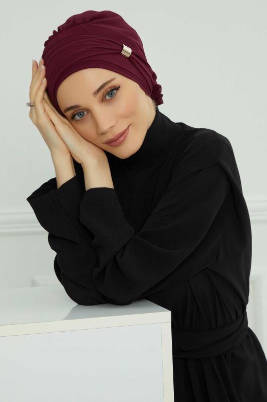 Aksesuarlı Şifon Hazır Türban,HT-95S,HT-95S Mürdüm - 2
