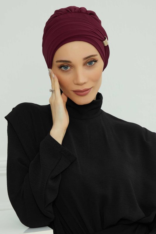 Aksesuarlı Şifon Hazır Türban,HT-95S,HT-95S Mürdüm - 3