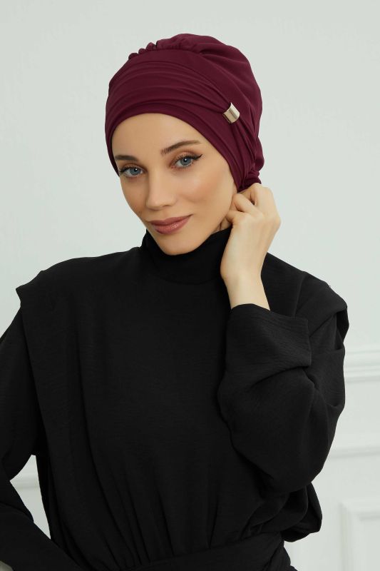 Aksesuarlı Şifon Hazır Türban,HT-95S,HT-95S Mürdüm - 4