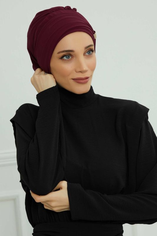 Aksesuarlı Şifon Hazır Türban,HT-95S,HT-95S Mürdüm - 5