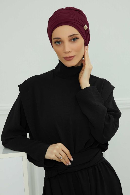 Aksesuarlı Şifon Hazır Türban,HT-95S,HT-95S Mürdüm - 6