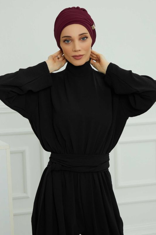 Aksesuarlı Şifon Hazır Türban,HT-95S,HT-95S Mürdüm - 7