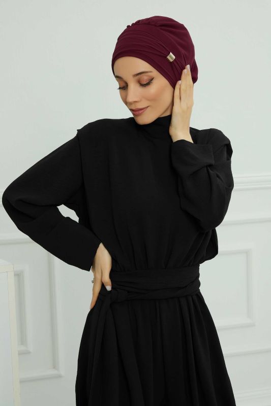 Aksesuarlı Şifon Hazır Türban,HT-95S,HT-95S Mürdüm - 8