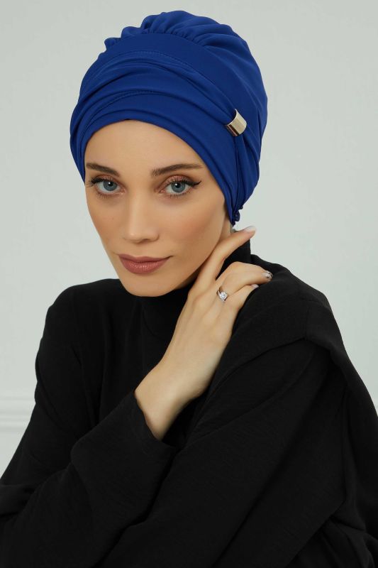 Aksesuarlı Şifon Hazır Türban,HT-95S,HT-95S Saks Mavisi - 5