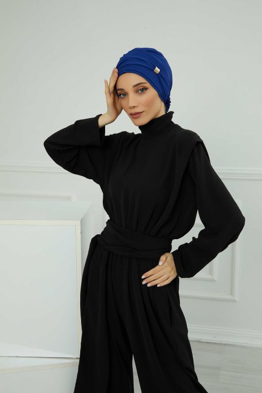 Aksesuarlı Şifon Hazır Türban,HT-95S,HT-95S Saks Mavisi - 6