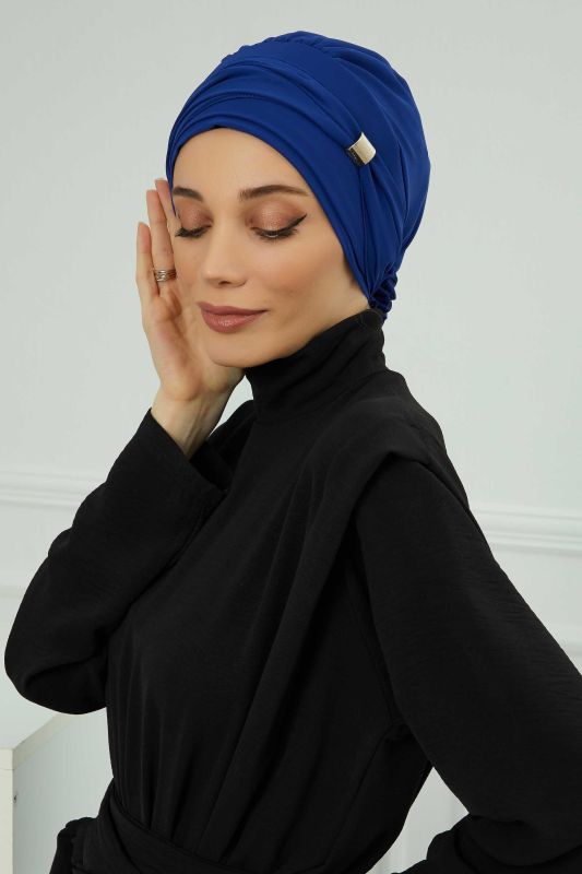 Aksesuarlı Şifon Hazır Türban,HT-95S,HT-95S Saks Mavisi - 7