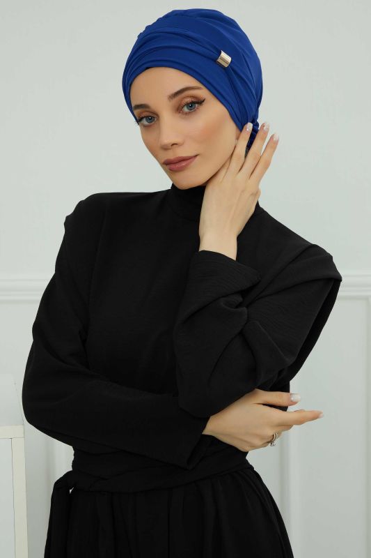 Aksesuarlı Şifon Hazır Türban,HT-95S,HT-95S Saks Mavisi - 8