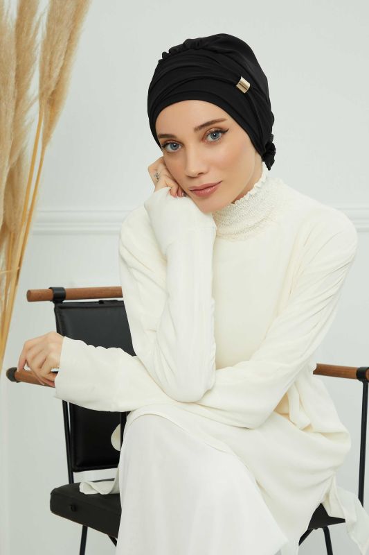 Aksesuarlı Şifon Hazır Türban,HT-95S,HT-95S Siyah - 4