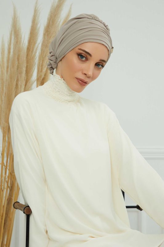 Aksesuarlı Şifon Hazır Türban,HT-95S,HT-95S Vizon - 6