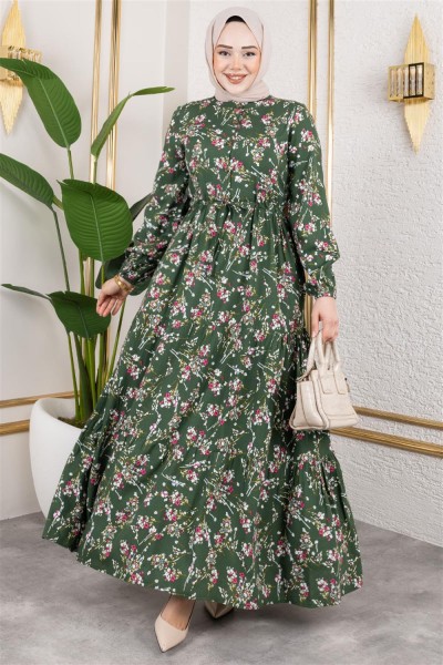 SGS - Asel Çiçekli Viskon Elbise HAKİ