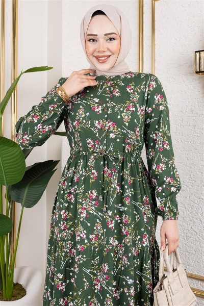 Asel Çiçekli Viskon Elbise HAKİ - Thumbnail