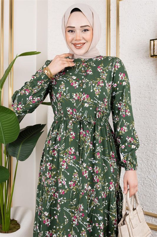Asel Çiçekli Viskon Elbise HAKİ - 2