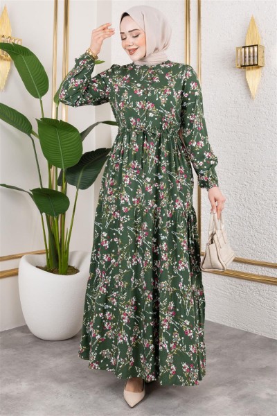 Asel Çiçekli Viskon Elbise HAKİ - Thumbnail