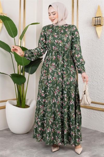 Asel Çiçekli Viskon Elbise HAKİ - Thumbnail