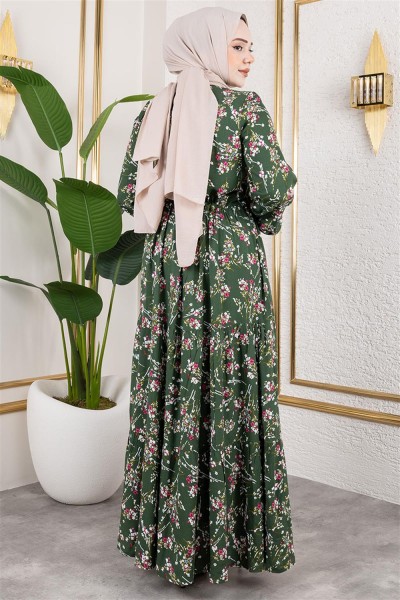 Asel Çiçekli Viskon Elbise HAKİ - Thumbnail