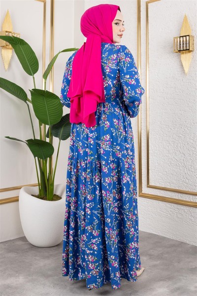 Asel Çiçekli Viskon Elbise İNDİGO - Thumbnail