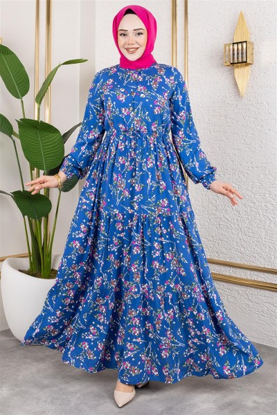 SGS - Asel Çiçekli Viskon Elbise İNDİGO