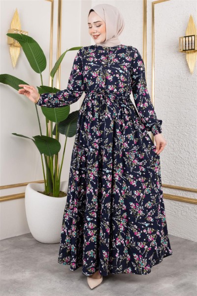 Asel Çiçekli Viskon Elbise LACİVERT - Thumbnail