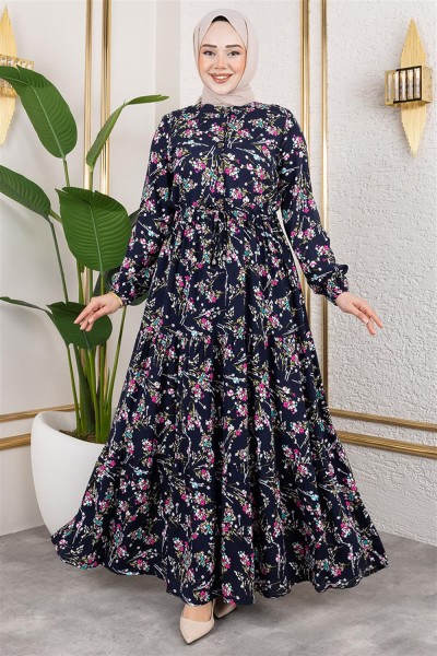 Asel Çiçekli Viskon Elbise LACİVERT - Thumbnail