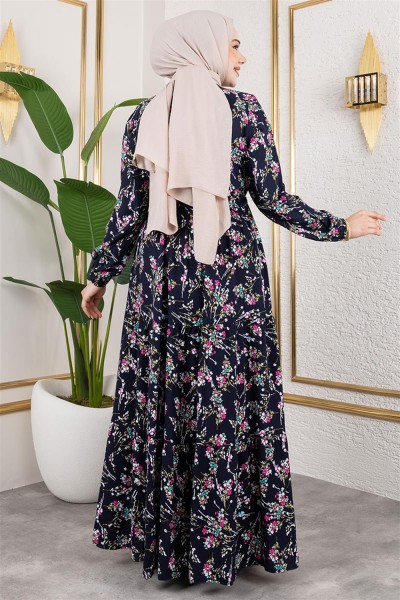 Asel Çiçekli Viskon Elbise LACİVERT - Thumbnail