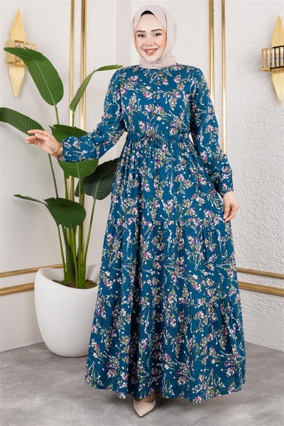 Asel Çiçekli Viskon Elbise PETROL - Thumbnail