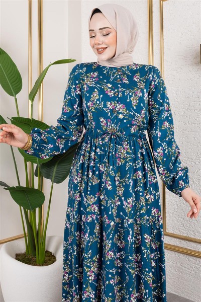 Asel Çiçekli Viskon Elbise PETROL - Thumbnail