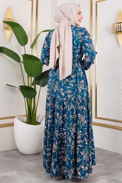 Asel Çiçekli Viskon Elbise PETROL - Thumbnail