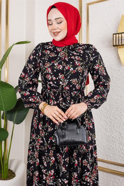 Asel Çiçekli Viskon Elbise SİYAH - Thumbnail