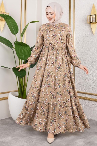 Asel Çiçekli Viskon Elbise VİZON - Thumbnail