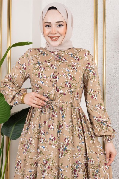 Asel Çiçekli Viskon Elbise VİZON - Thumbnail