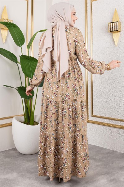 Asel Çiçekli Viskon Elbise VİZON - Thumbnail