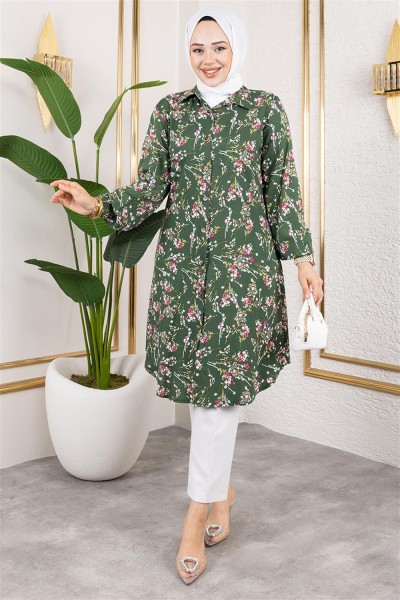 Asel Çiçekli Viskon Tunik HAKİ - Thumbnail