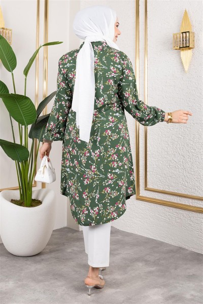 Asel Çiçekli Viskon Tunik HAKİ - Thumbnail