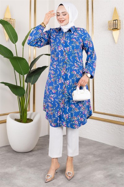 Asel Çiçekli Viskon Tunik İNDİGO - Thumbnail