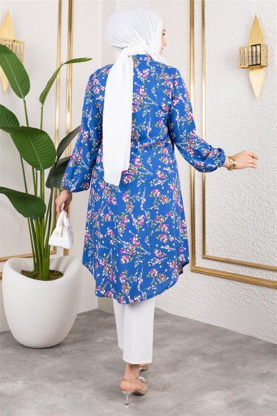 Asel Çiçekli Viskon Tunik İNDİGO - Thumbnail