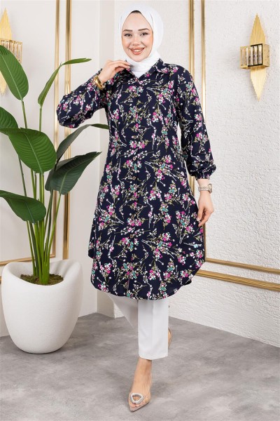 Asel Çiçekli Viskon Tunik LACİVERT - Thumbnail