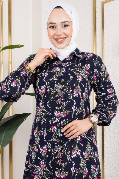 Asel Çiçekli Viskon Tunik LACİVERT - Thumbnail