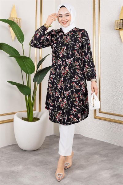 Asel Çiçekli Viskon Tunik SİYAH - Thumbnail