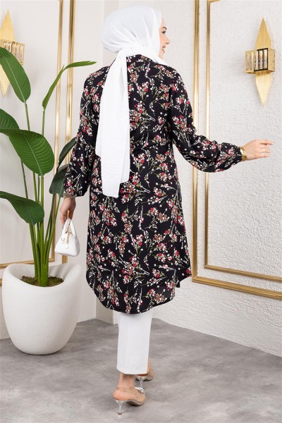 Asel Çiçekli Viskon Tunik SİYAH - Thumbnail