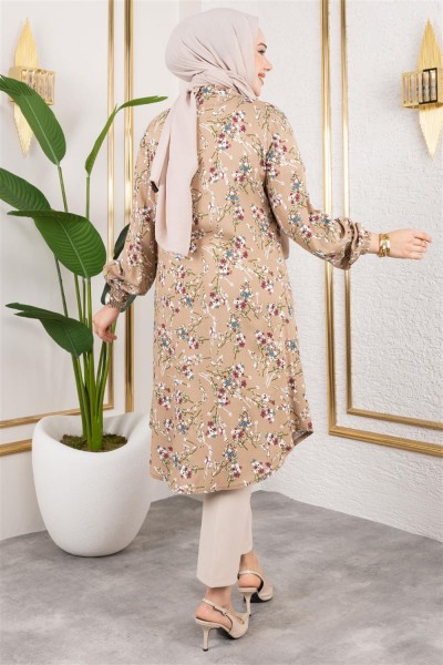 Asel Çiçekli Viskon Tunik VİZON - Thumbnail