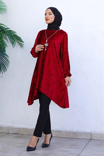 CAVENE - Asimetrik Model Kadife Tunik BORDO